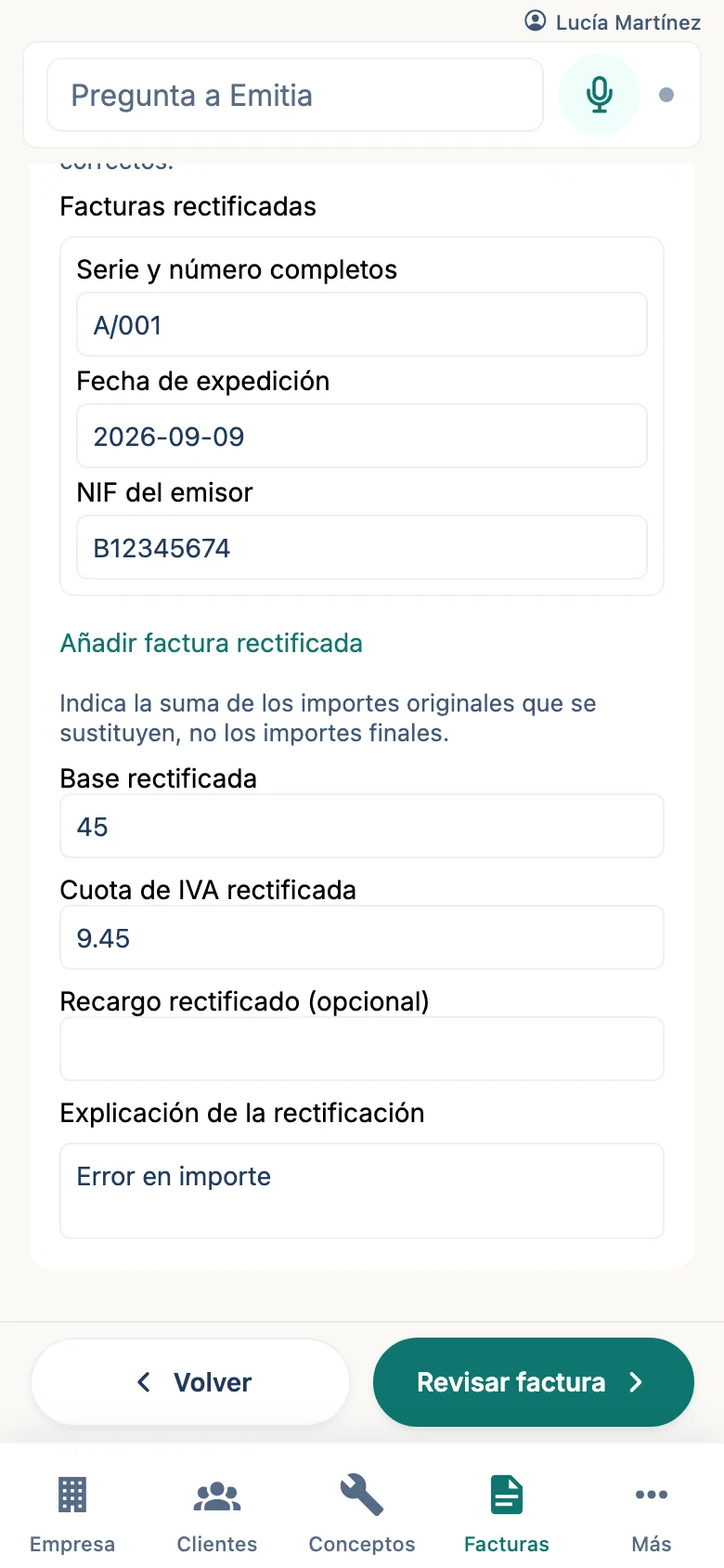 Indica los datos de rectificación
